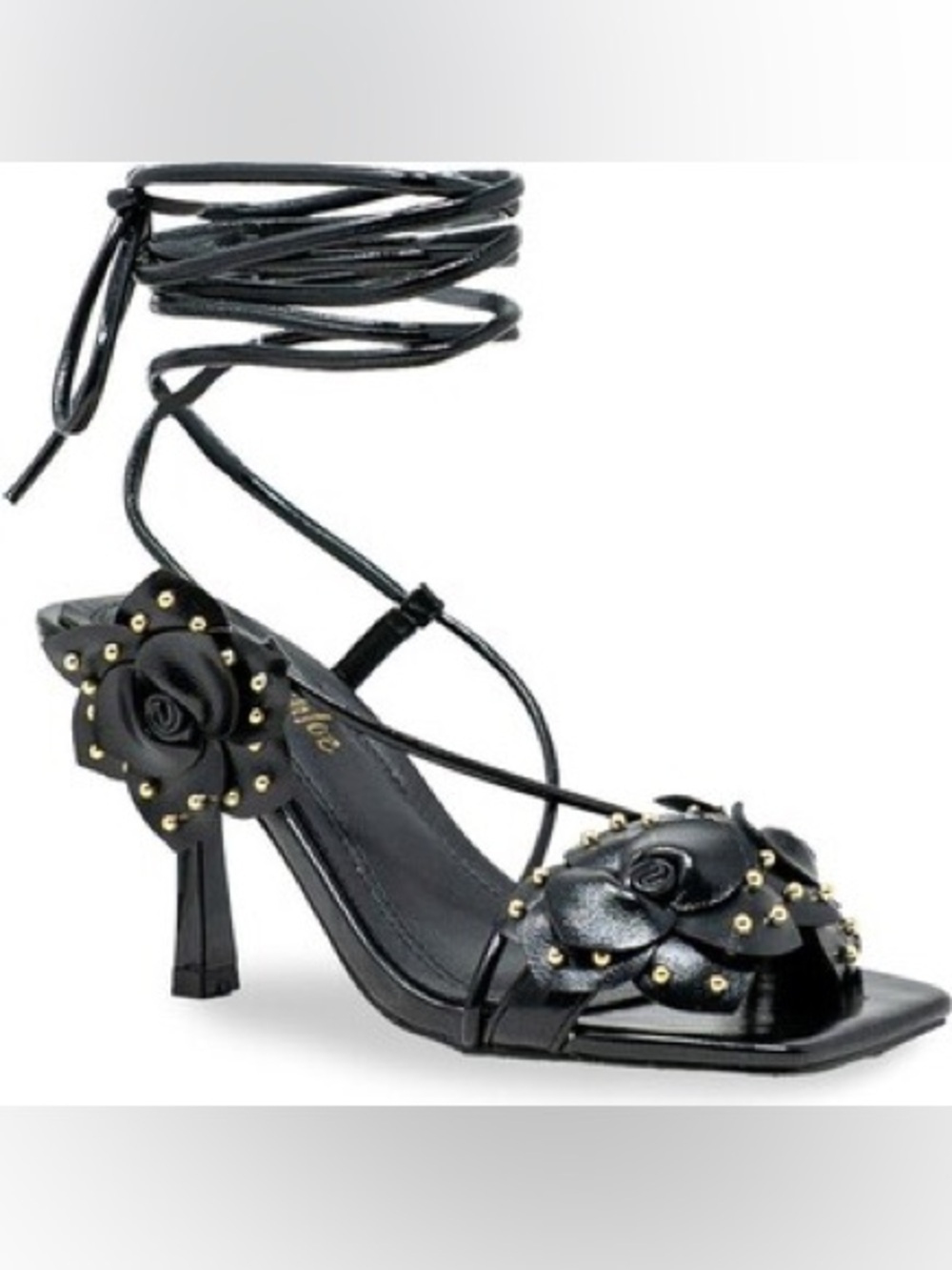 Chase + Chloe Black Lace-Up Rose-Embellished Heels